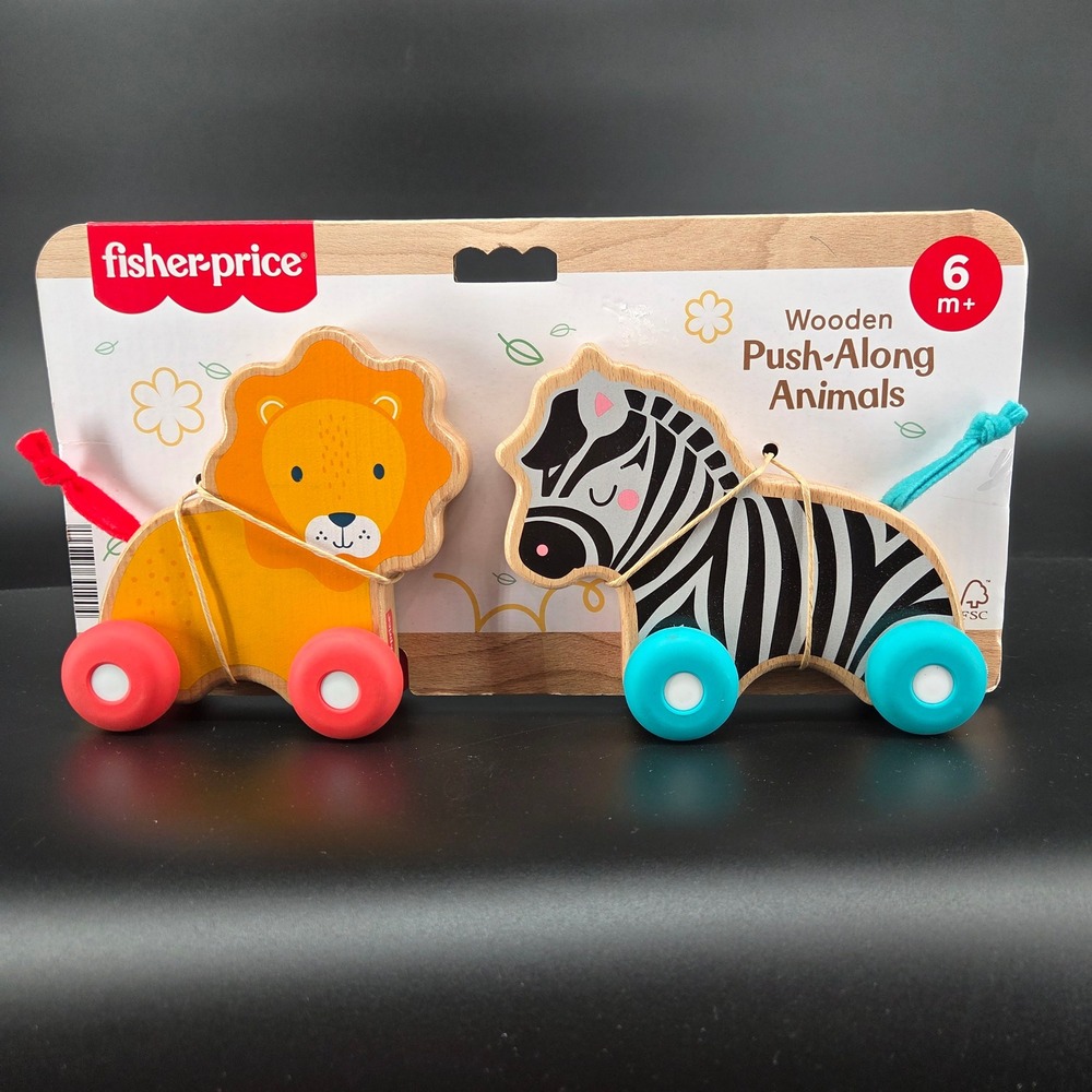 Fisher-Price Wooden Push-Along Animals Lion Zebra JFN19 Wood Baby Toy Set 6M+